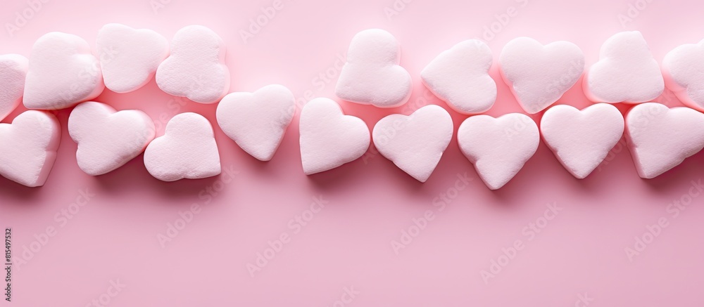 Copy space image of pink marshmallow hearts arranged on a soft pink background creating a Valentine s Day love concept Copy space image of pink marshmallow hearts arranged on a soft pink background creating a Valentine s Day love concept