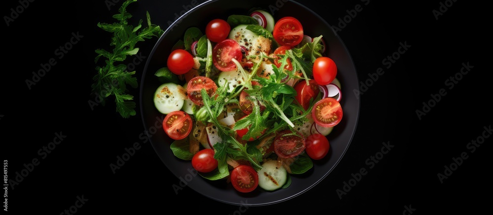 Top view of a healthy green salad with tomato and fresh vegetables presented in a white bowl placed on a dark black background leaving ample copy space for the image Top view of a healthy green salad with tomato and fresh vegetables presented in a white bowl placed on a dark black background leaving ample copy space for the image
