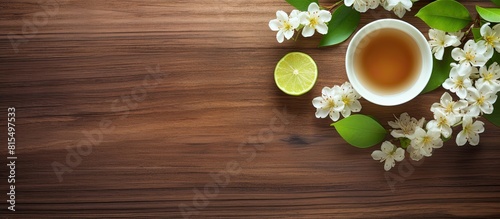 A cup of lime tree tea with blossoms on a wooden surface is shown in the copy space image