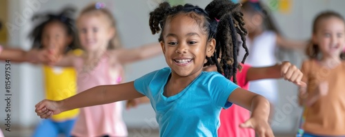 Energetic young girl with classmates dancing joyfully in a fitness class.