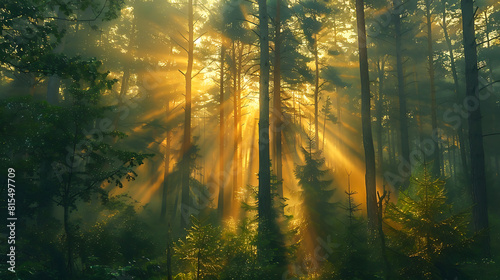 Sunlight filtering through forest trees at dawn © Chananphat