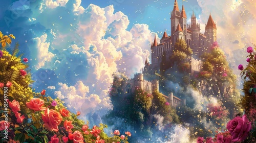 An enchanting artwork featuring a fantasy castle surrounded by vibrant flowers lush roses and fluffy clouds