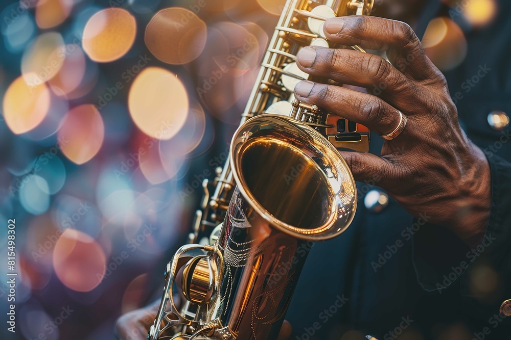 Obraz premium Saxophone player, close up view on hand