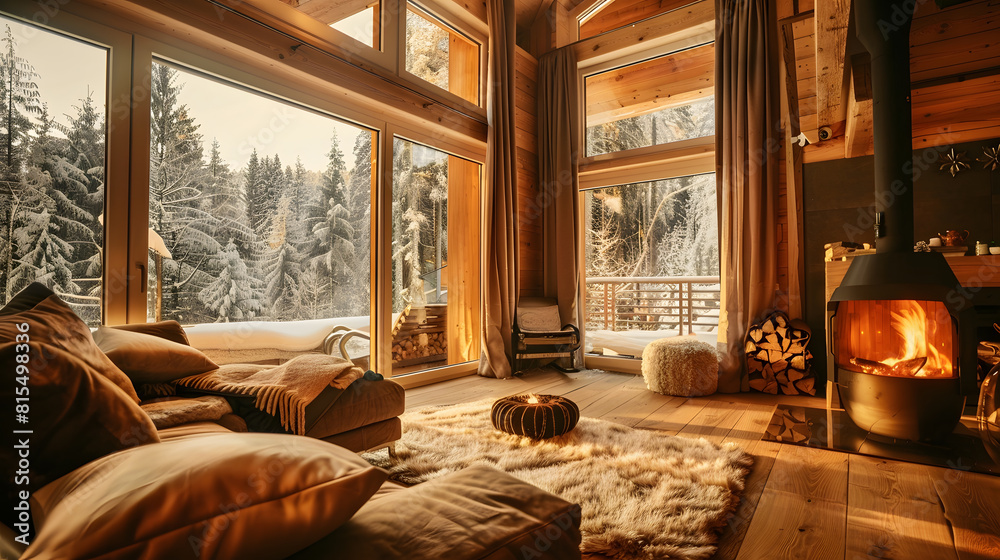 cozy warm home interior of a chic country chalet with a huge panoramic window overlooking the winter forest open plan wood decoration warm colors and a family hearth : Generative AI cozy warm home interior of a chic country chalet with a huge panoramic window overlooking the winter forest open plan wood decoration warm colors and a family hearth : Generative AI