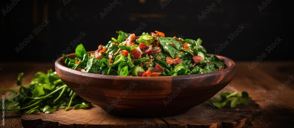 A healthy salad featuring fresh herbs like spinach bacon and sorrel Perfect for a flavorful and nutritious meal Copy space image