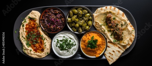A Middle Eastern style breakfast platter featuring labneh cream cheese foul muhammara dip and zaatar is presented from a top down view with copy space available The platter also includes a variety of photo
