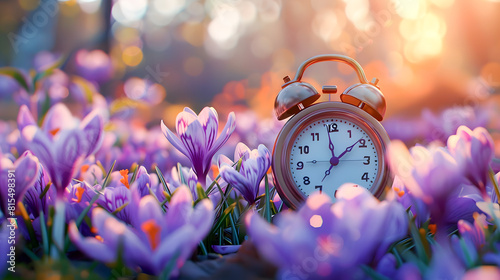 Alarm clock among blooming crocuses, spring forward concept. Spring time change, first spring flowers, daylight saving time. Daylight savings, lose an hour photo