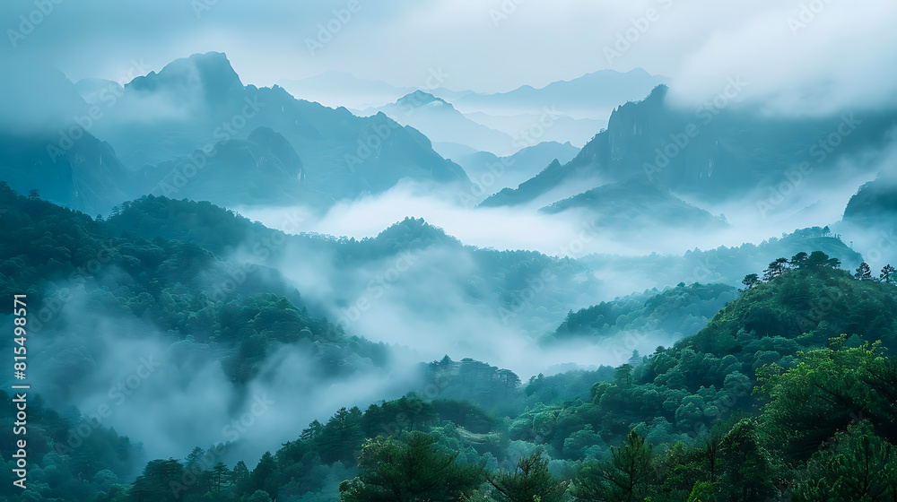 Misty mountain landscape with dense forest and rolling clouds