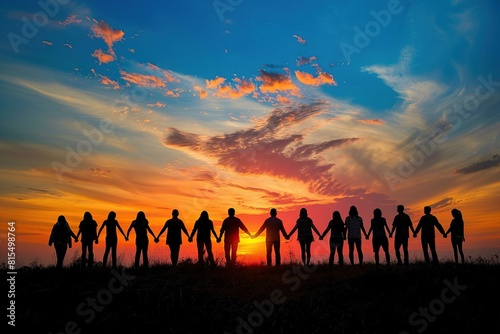 silhouette of a group of people holding hands against a sunset background