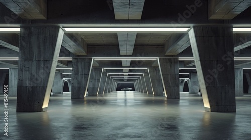 A futuristic architectural setting with a featureless concrete floor perfect for showcasing cars  depicted in a 3D render.