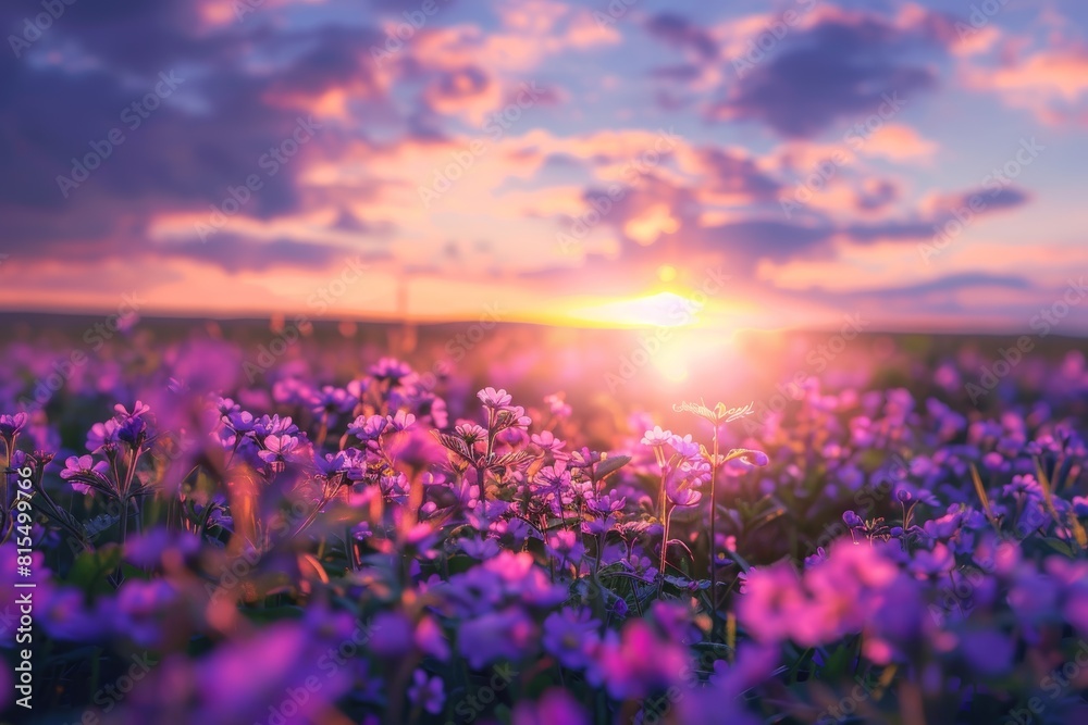 Fototapeta premium Golden Sunset Over Lavender Field with Vibrant Purple Blooms 