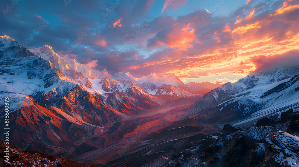 Sunset Over Snow-Capped Mountains