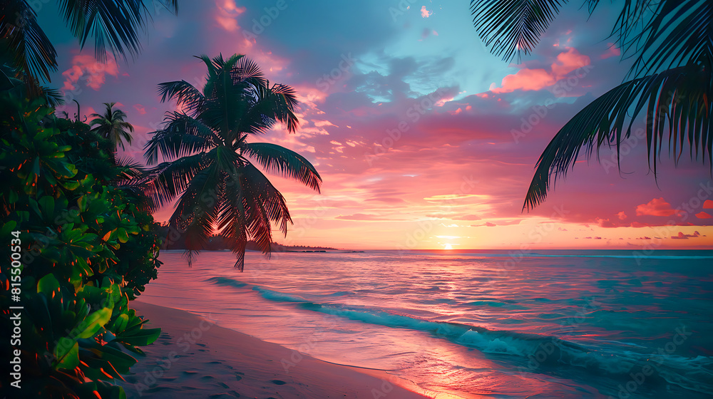 Tropical Beach Sunset with Palm Trees and Vibrant Sky