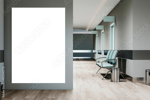 Modern office waiting area with blank advertising billboard, minimalistic style and soft lighting. Marketing display concept. 3D Render © Who is Danny