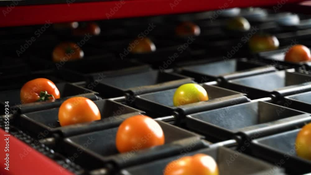 Industrial machine sorting fresh tomatoes, close up view