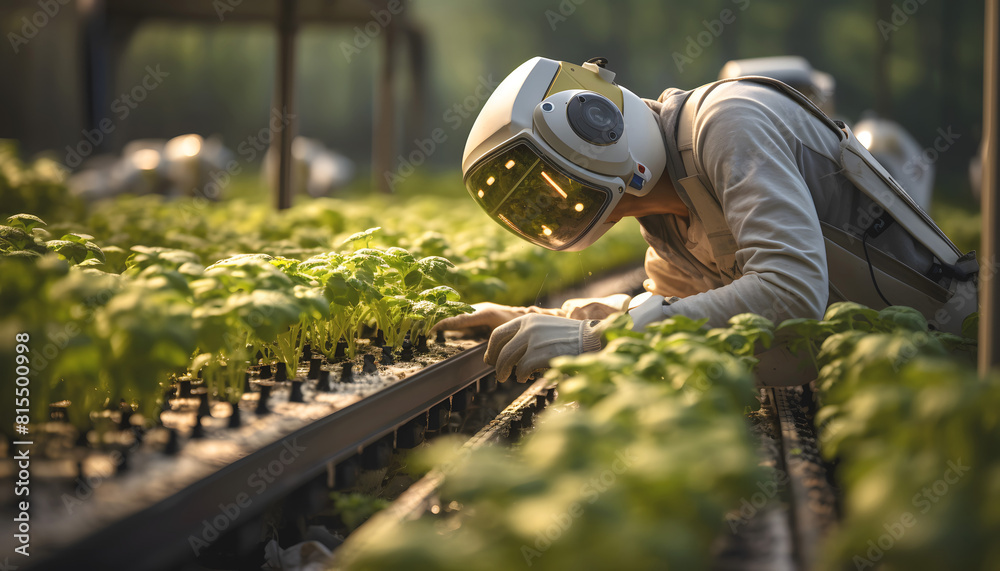 Fototapeta premium Researcher or scientist experiment in growing plants system. Production control by artificial intelligence system, Industry 4.0 concept, Internet of Things data network generator AI illustration.