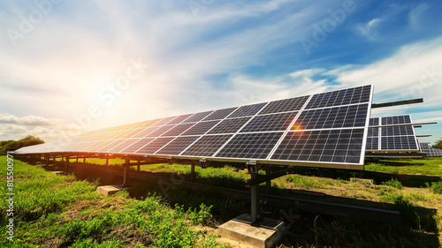 Solar panels array under a sunny sky, capturing renewable energy.