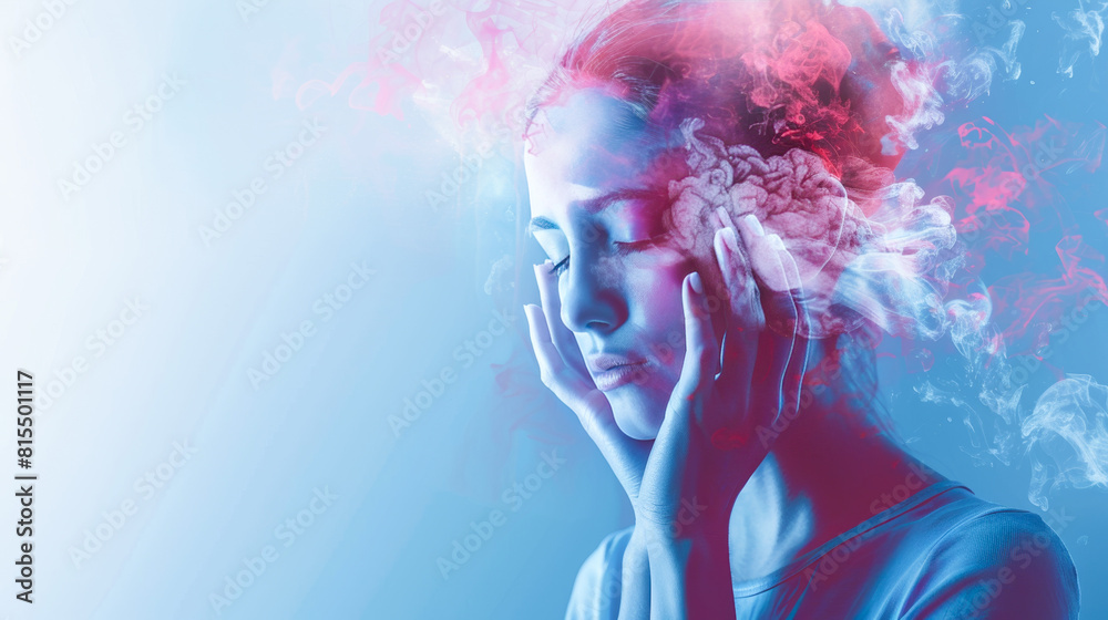 A woman with her hands on her head, looking sad A woman with her hands on her head, looking sad