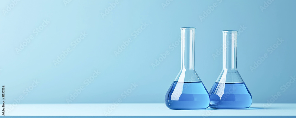 Two glass beakers filled with blue liquid sit on a table Two glass beakers filled with blue liquid sit on a table