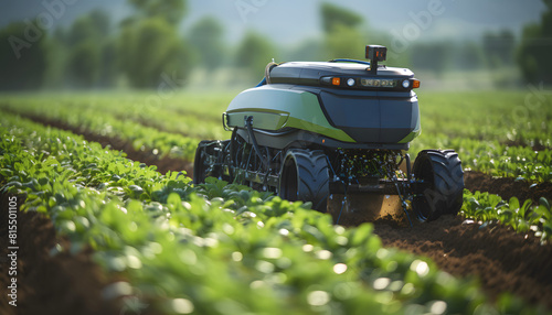 agricultural tractor Robot Automatic harvest field crops wireless Control, autonomous self driving technology, Internet of Things network, industry transport 4.0 concept, generator AI illustration.