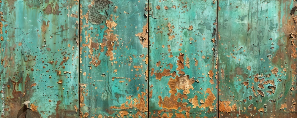 A weathered copper wall with verdigris patina creating unique green and blue hues A weathered copper wall with verdigris patina creating unique green and blue hues