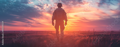 A soldier stands in a field at sunset