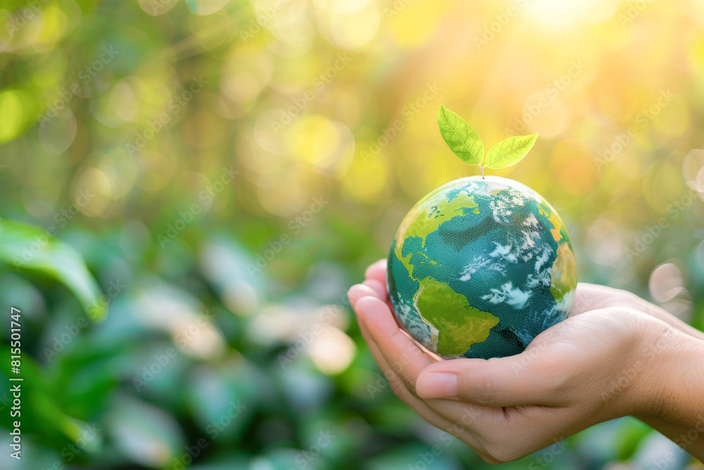 A person is holding a globe with a green leaf on it A person is holding a globe with a green leaf on it