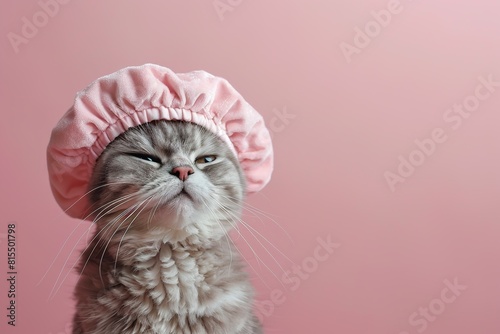 cute happy tabby fluffy cat in a shower cap on a pink background