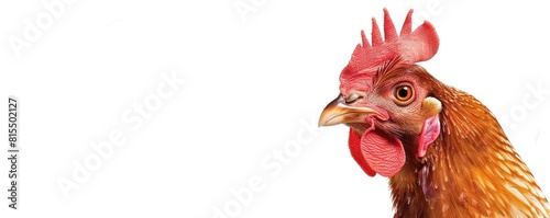 rooster details of its features against a white background. Han close up. , copy space for text.