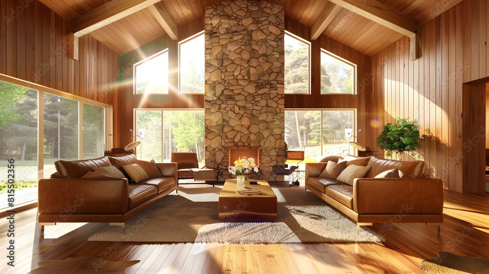 Living room interior with vaulted ceiling with wood cedar panelling stone fireplace brown leather armchairs coffee table and area rug natural brown tones : Generative AI