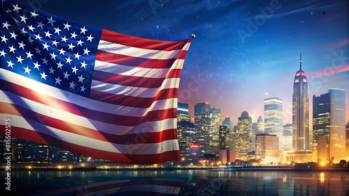 American Flag with City Lights: Patriotic Night Skyline. Perfect for: Independence Day Celebrations, Urban Patriotism, National Holidays, Social Media Posts, Event Invitations, Patriotic Promotions.