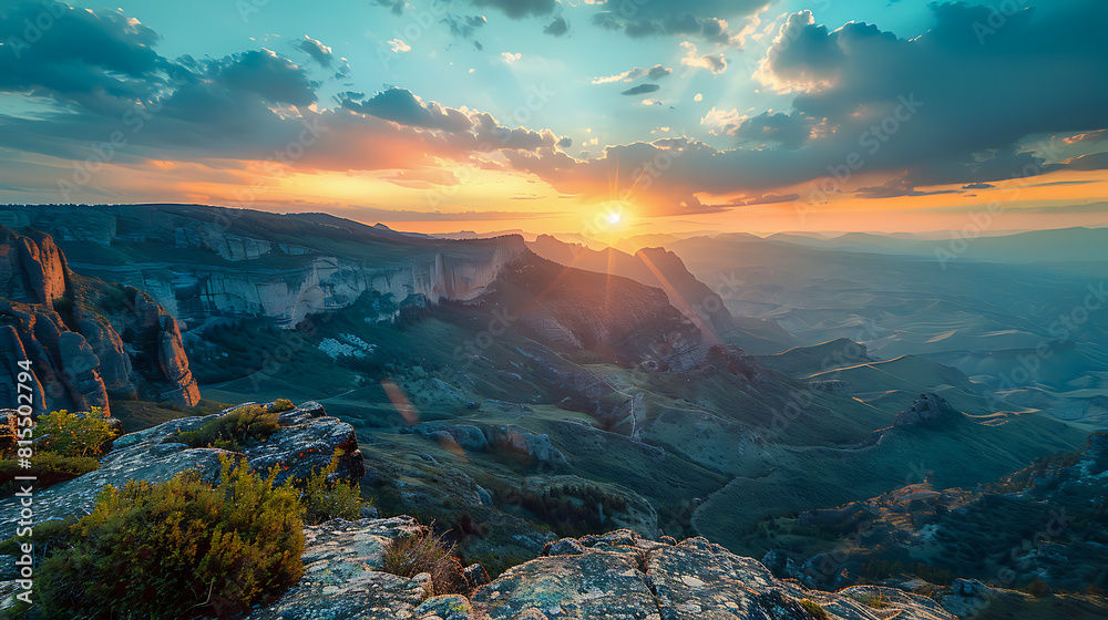 Sunset over a mountainous landscape with vivid sky
