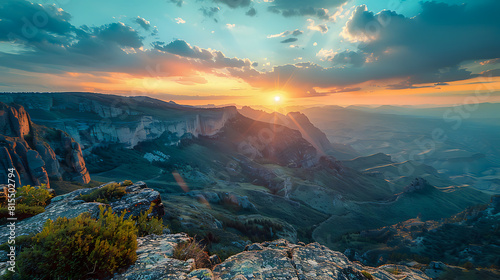 Sunset over a mountainous landscape with vivid sky