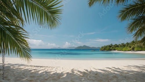 beautiful sandy beach with blue ocean and palm trees. summer backdrop