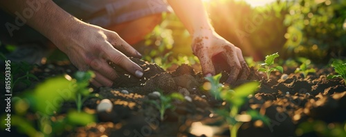 Close-up of a farmers hands planting seeds, soil rich and fertile, under a gentle sunlight, symbolizing growth and sustainability for an eco-friendly campaign
