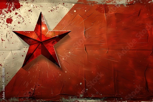 red star, reminiscent of Soviet propaganda posters, set against a textured grunge background in sharp focus. The color palette features vibrant red and white tones photo