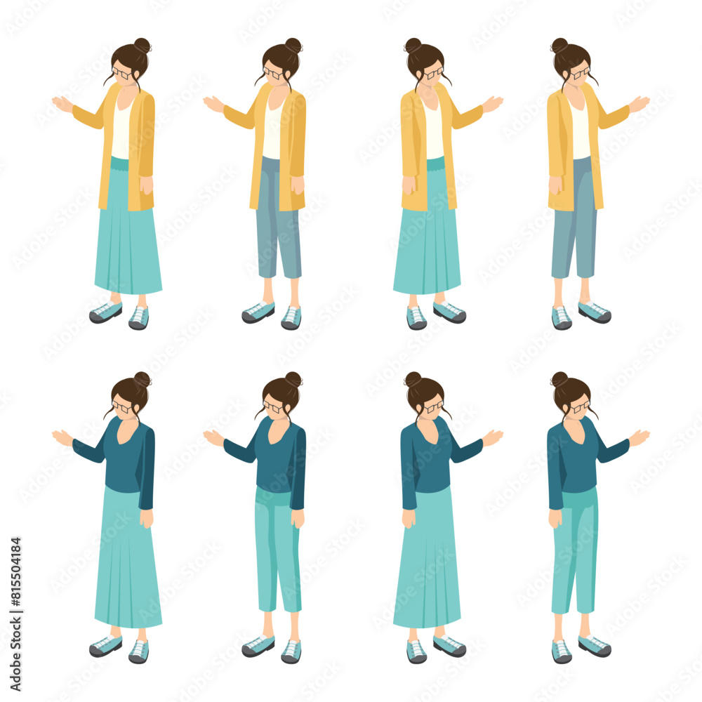 カジュアル女性のセット_アイソメトリックのイラスト