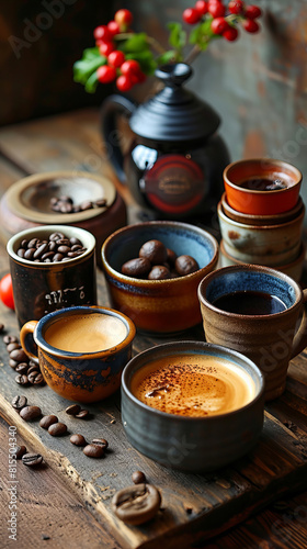 Morning coffee routine  close-up of crafted ceramic coffee mug and other crockery on the table.