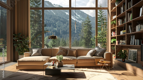 Modern stylish living room with large windows and beige sofa on the background of brown wall with fireplace shelving with books and decor and potted plants Cozy chalet interior Empty s : Generative AI