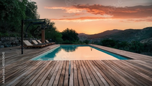 Empty wooden deck with swimming pool