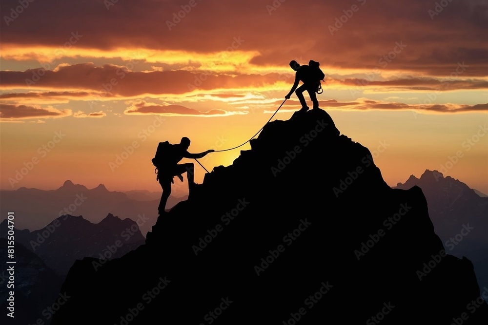 two climbers, silhouetted against the backdrop of a stunning sunset, as they reach the peak of a rugged mountain.