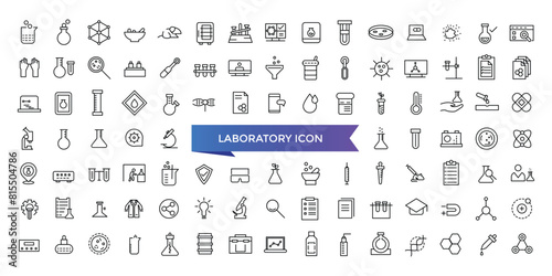 Laboratory icon collection. Related to experiment, test tube, microscope, flask, chemical, biology, research, lab and more. Line vector icons set.