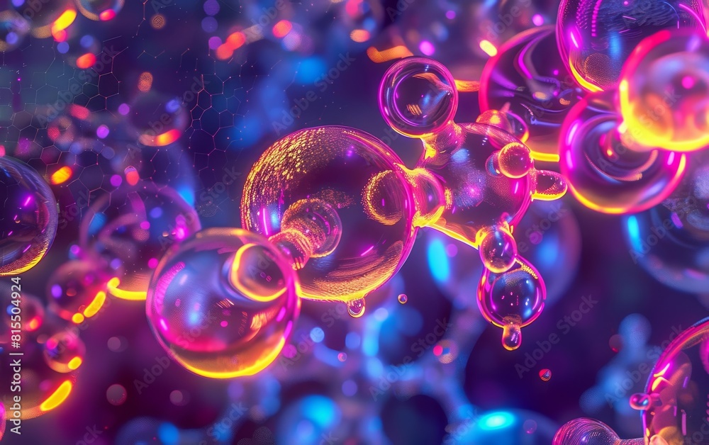 Design an artistic interpretation of carbon dioxide at a molecular level with each molecule brightly colored to highlight its presence and movement through various environments Design an artistic interpretation of carbon dioxide at a molecular level with each molecule brightly colored to highlight its presence and movement through various environments