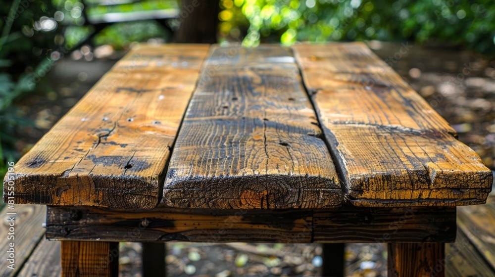 Fototapeta premium Empty wooden table with garden bokeh background 