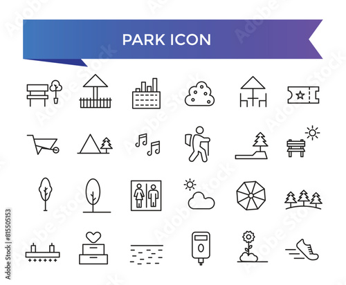 Park icon collection. Related to forest, barbecue, camp, bench, picnic and playground icons. Park leisure and outdoor activity symbols icon collection.  Park leisure and outdoor activity symbols set.