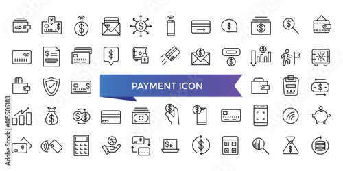 Payment icon collection. Business and finance payment collection with money, banking, credit card, exchange, cash and transaction symbol set.