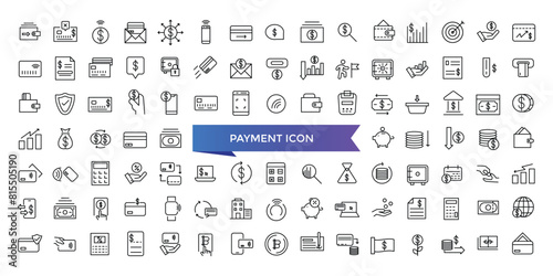 Payment icon collection. Business and finance payment collection with money, banking, credit card, exchange, cash and transaction symbol set.