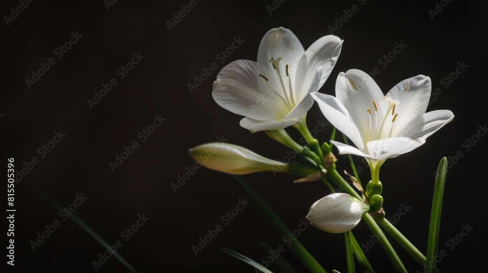 Close-up of white blossoming flowers against a dark background. Close-up of white blossoming flowers against a dark background.