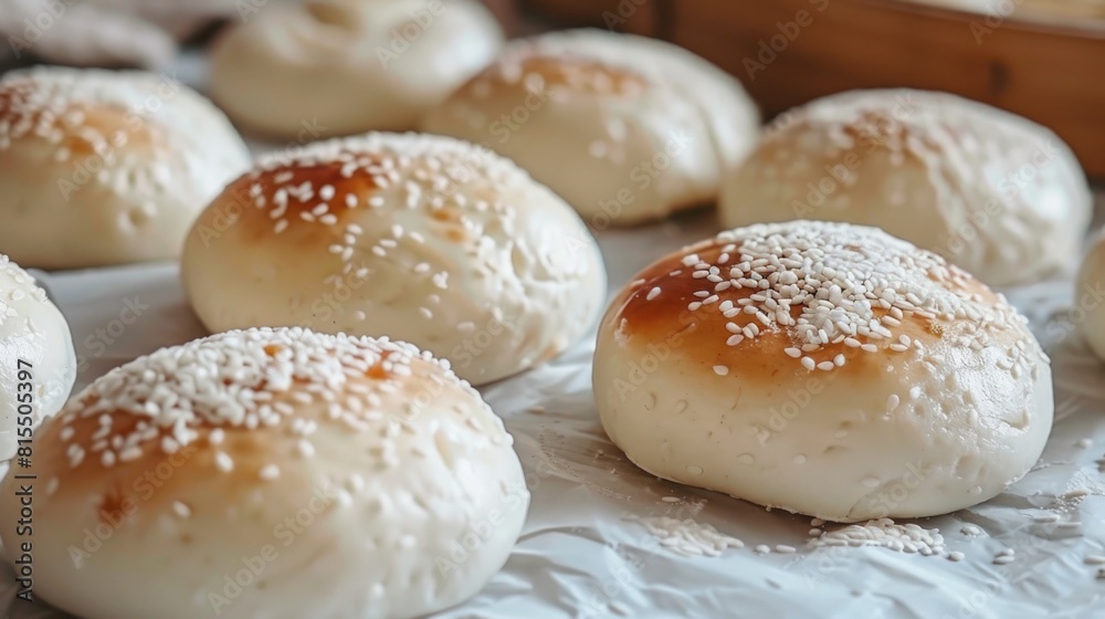 Freshly Baked Sesame Seed Buns on Display Freshly Baked Sesame Seed Buns on Display