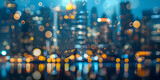 Glow Abstract Night City Background with Bokeh Lights, Building With Blurred Bokeh Background.

